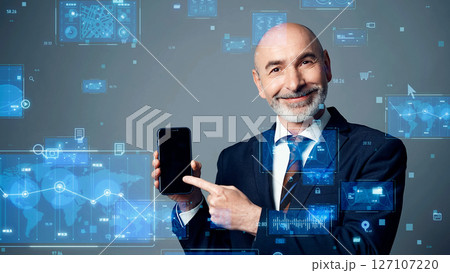 スマホを持つ外国人男性とデジタルテクノロジーのコンセプトビジュアル 127107220