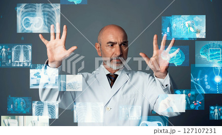 医療画面を見る白衣を着た男性のコンセプトビジュアル 127107231