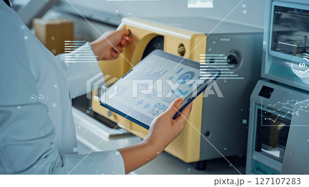 タブレットを見ながら研究する研究者と統計データのコンセプト 127107283