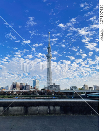 隅田川にかかる雲とスカイツリー 127107430