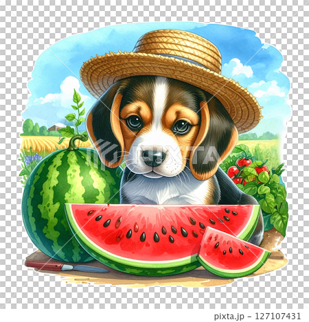 田野裡的比格犬小狗、西瓜和草帽的插圖 1 / 傳單或海報材料 127107431