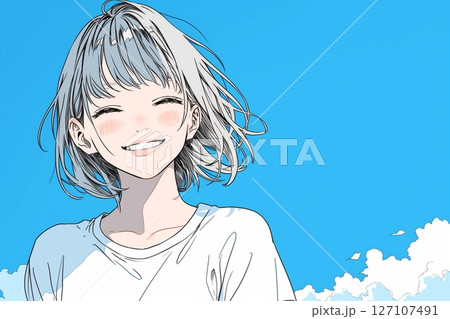 青空と笑顔の女の子イラスト「AI生成画像」 127107491