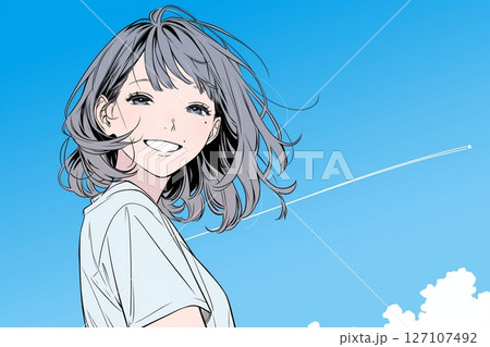 青空と笑顔の女の子イラスト「AI生成画像」 127107492
