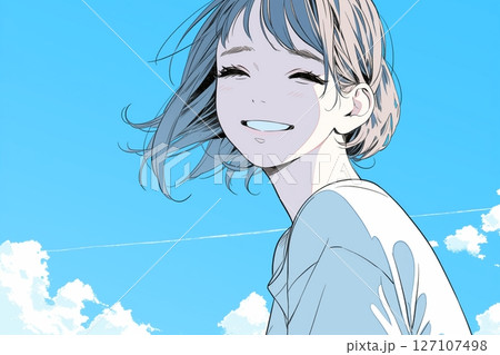 青空と笑顔の女の子イラスト「AI生成画像」 127107498