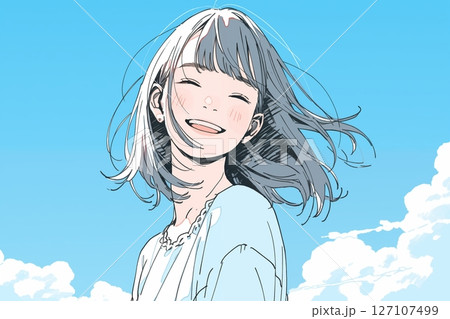 青空と笑顔の女の子イラスト「AI生成画像」 127107499