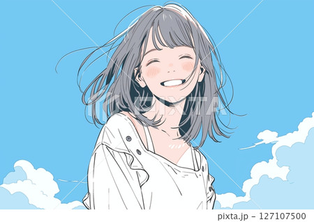 青空と笑顔の女の子イラスト「AI生成画像」 127107500