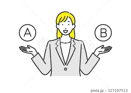 AとBの2つを紹介しているビジネスウーマンのイラスト AとBの2つを紹介しているビジネスウーマンのイラスト 127107513