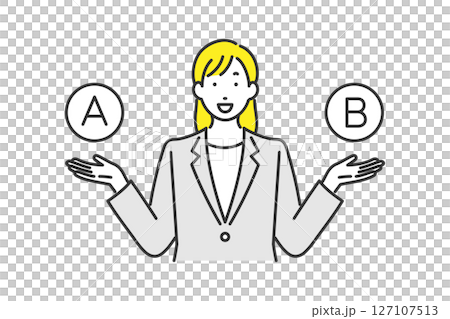AとBの2つを紹介しているビジネスウーマンのイラスト AとBの2つを紹介しているビジネスウーマンのイラスト 127107513