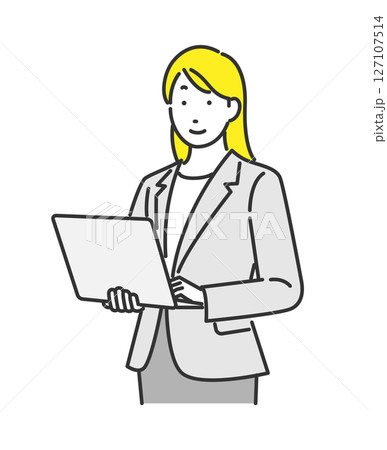 ノートパソコンを持って立っているビジネスウーマンのイラスト 127107514