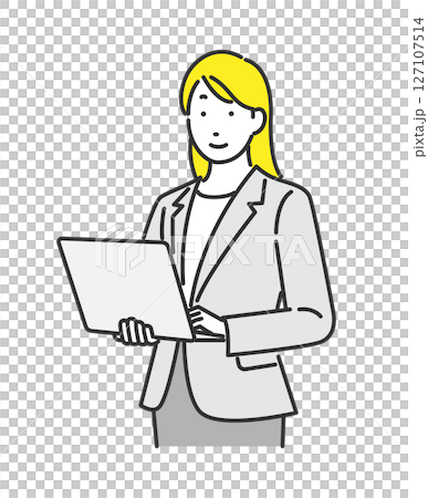 ノートパソコンを持って立っているビジネスウーマンのイラスト 127107514