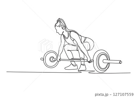 Continuous one line drawing sportswoman doing deadlift at health club. Female athlete doing barbell weight lifting training workout with heavy bar. Single line draw design vector graphic illustration Continuous one line drawing sportswoman doing deadlift at health club. Female athlete doing barbell weight lifting training workout with heavy bar. Single line draw design vector graphic illustration 127107559
