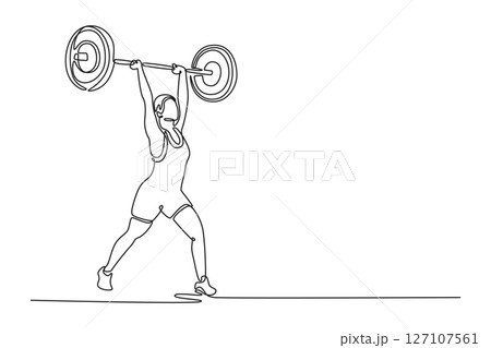 Single one line drawing attractive female athlete in sportswear doing clean and jerk exercise with barbell during cross training in gym. Modern continuous line draw design graphic vector illustration 127107561