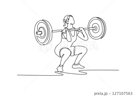 Single one line drawing woman athlete doing front squat with a barbell in the gym. Body building, healthy lifestyle, movement, action concept. Continuous line draw design graphic vector illustration Single one line drawing woman athlete doing front squat with a barbell in the gym. Body building, healthy lifestyle, movement, action concept. Continuous line draw design graphic vector illustration 127107563
