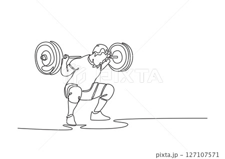 Single one line drawing male bodybuilder in sportswear doing squats with barbell on his shoulders in a modern health club. Weightlifting and fitness. Continuous line design graphic vector illustration 127107571
