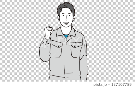 Illustration material of a man in work clothes making a fist pump 127107789