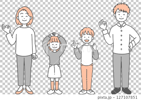 Illustration set of a two-generation family of father, mother and child making hand signs Illustration set of a two-generation family of father, mother and child making hand signs 127107851