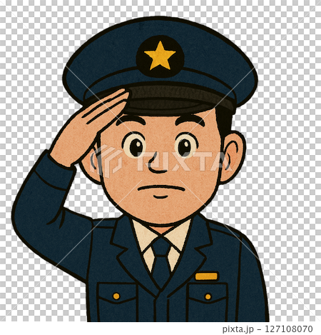穿著制服的警察敬禮的插圖，一名男警的上半身表情嚴肅地敬禮，一名戴著帽子的警察敬禮 127108070