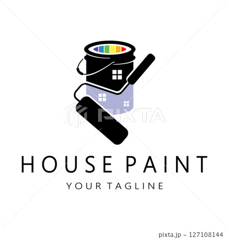 logo icon illustration house paint with a blend of brushes and rollers for house wall paint design, minimalist house, painting, interior, building, property business, wallpaper, vector concept 127108144