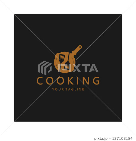 frying pan and spatula logo, kitchen cooking equipment, for business, company, restaurant 127108184