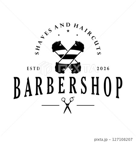Barbershop logo vintage, retro, haircut, shaving, with scissors, shaving pole, comb, razor. for business, emblems, labels, barber shops, badges. Barbershop logo vintage, retro, haircut, shaving, with scissors, shaving pole, comb, razor. for business, emblems, labels, barber shops, badges. 127108207