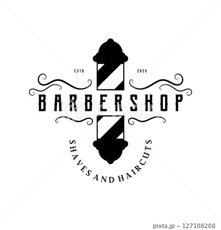 Barbershop logo vintage, retro, haircut, shaving, with scissors, shaving pole, comb, razor. for business, emblems, labels, barber shops, badges. Barbershop logo vintage, retro, haircut, shaving, with scissors, shaving pole, comb, razor. for business, emblems, labels, barber shops, badges. 127108208