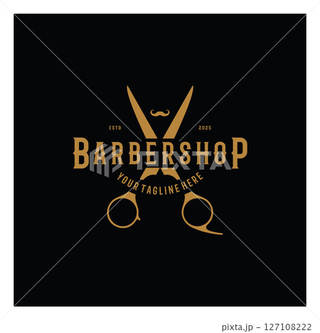 Barbershop logo vintage, retro, haircut, shaving, with scissors, shaving pole, comb, razor. for business, emblems, labels, barber shops, badges. 127108222