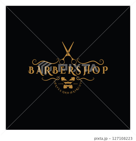 Barbershop logo vintage, retro, haircut, shaving, with scissors, shaving pole, comb, razor. for business, emblems, labels, barber shops, badges. 127108223