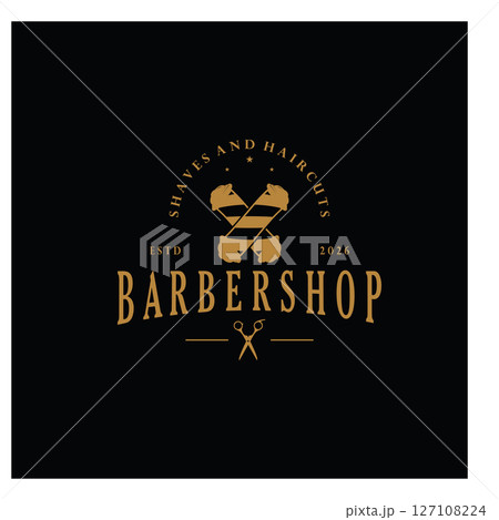 Barbershop logo vintage, retro, haircut, shaving, with scissors, shaving pole, comb, razor. for business, emblems, labels, barber shops, badges. 127108224