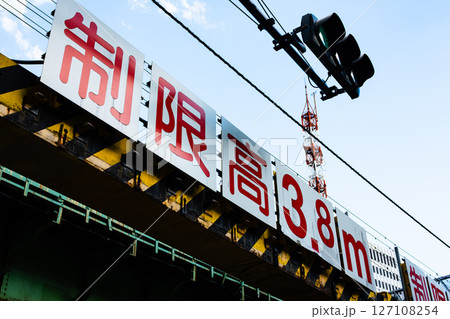 鉄道桁橋 ガード下の制限高 a-2 高彩度コントラスト 鉄道桁橋 ガード下の制限高 a-2 高彩度コントラスト 127108254