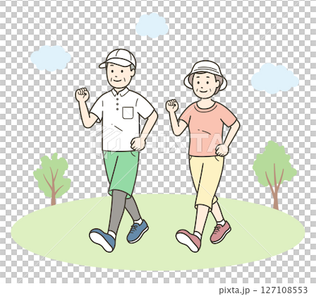 仲の良い老夫婦が公園で散歩を楽しんでいる全身イラスト 127108553