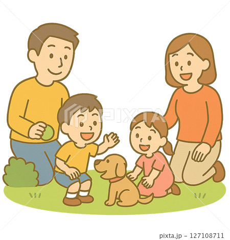 公園で犬と遊ぶ家族 127108711