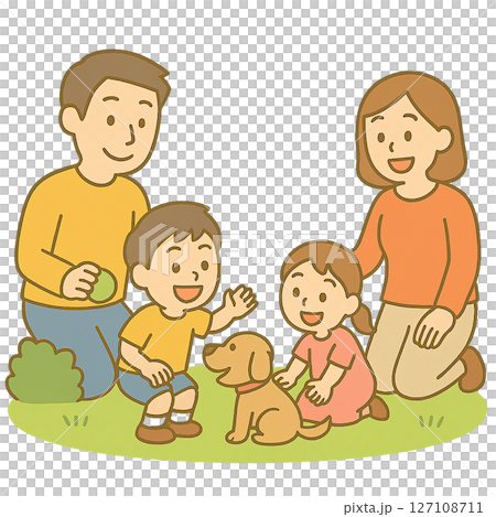 一家人在公園和狗玩耍 127108711