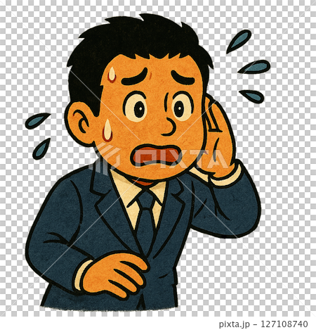 一位西裝革履的商人驚訝地用手摀住耳朵。這幅插圖描繪了一位商人在聽到一個令人震驚的故事後感到不安。 127108740