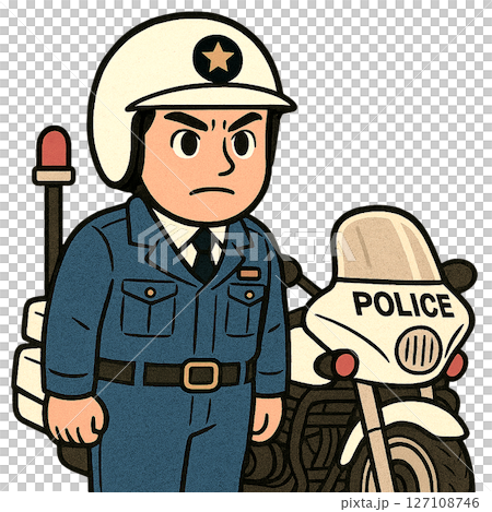 白バイの前で警戒する警察官のイラスト、真剣な表情で警備にあたる白バイ隊員、交通取り締まり中の白バイ警 127108746