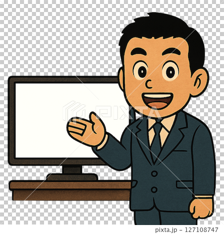 モニターの横で説明するスーツ姿のビジネスマン、プレゼン中に画面を示す男性のイラスト、モニターを使って 127108747