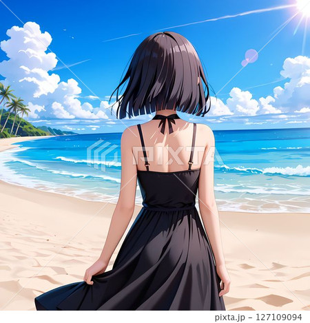 砂浜でスカートをなびかせる女性 砂浜でスカートをなびかせる女性 127109094