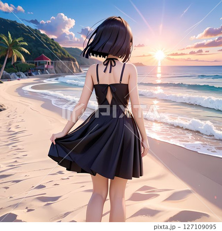 砂浜に立つ黒いワンピースを着た女性の後ろ姿 砂浜に立つ黒いワンピースを着た女性の後ろ姿 127109095