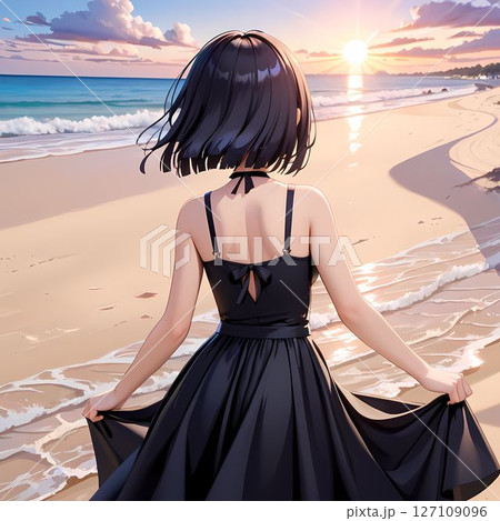 砂浜に立つ黒いワンピースを着た女性の後ろ姿 砂浜に立つ黒いワンピースを着た女性の後ろ姿 127109096
