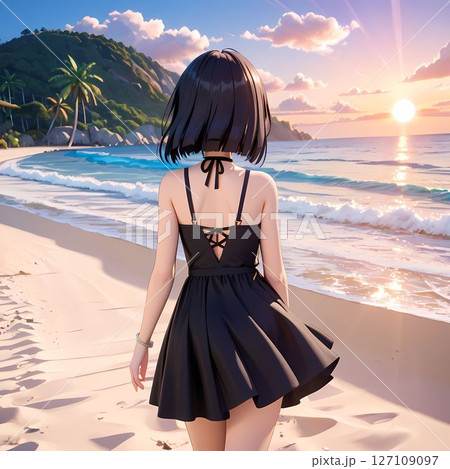 夕日の浜辺で夕焼けを見つめる女性 127109097