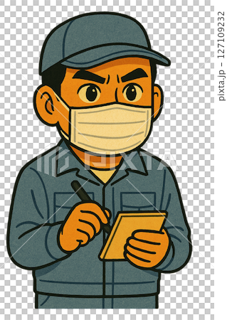 Illustration of a male staff member in work clothes taking notes with a serious expression, a field worker wearing a mask and recording, while taking measures against infection 127109232