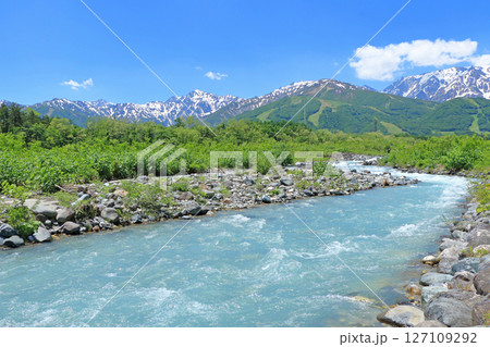 初夏の白馬　渓流と残雪の北アルプス 127109292
