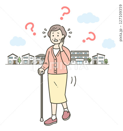 徘徊し迷子になって焦っている認知症高齢女性の全身イラスト 127109359