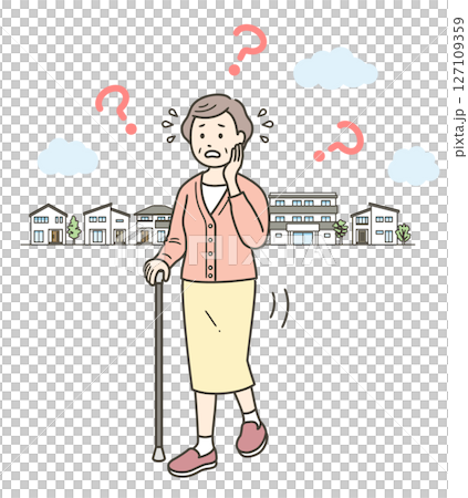 徘徊し迷子になって焦っている認知症高齢女性の全身イラスト 127109359