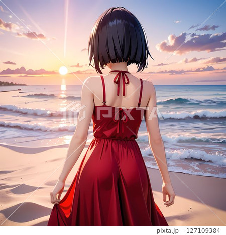 夕焼けの海岸で夕焼けを見つめる女性 127109384