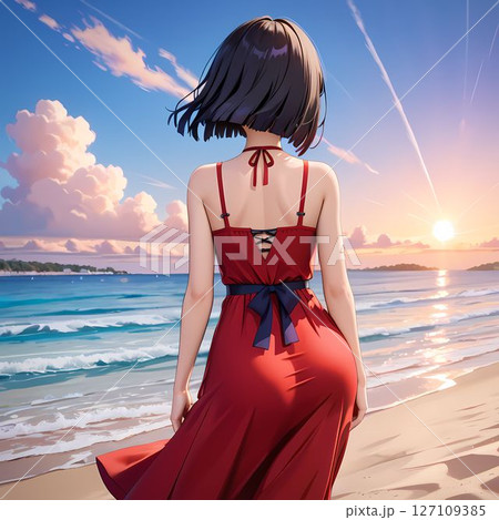 ビーチに立つ赤いドレスの女性 127109385