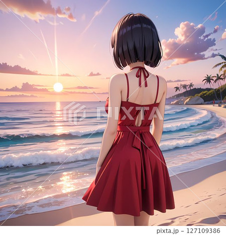夕日の海に立つ女性 127109386