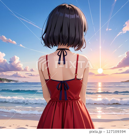 夕焼けの海岸で夕焼けを見る女性 127109394