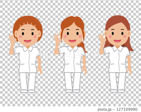 笑顔でOKサイン。白い制服の女性看護師。その2 笑顔でOKサイン。白い制服の女性看護師。その2 127109990