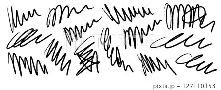 Hand drawn pen scribbles set. Grunge crayon curly doodle line pack. Black free hand rough pencil scrawls collection. Messy charcoal squiggle brush stroke bundle. Vector bold wiggly marker sketch swirl 127110153