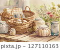 カントリー風 バスケットとガラス瓶 127110163
